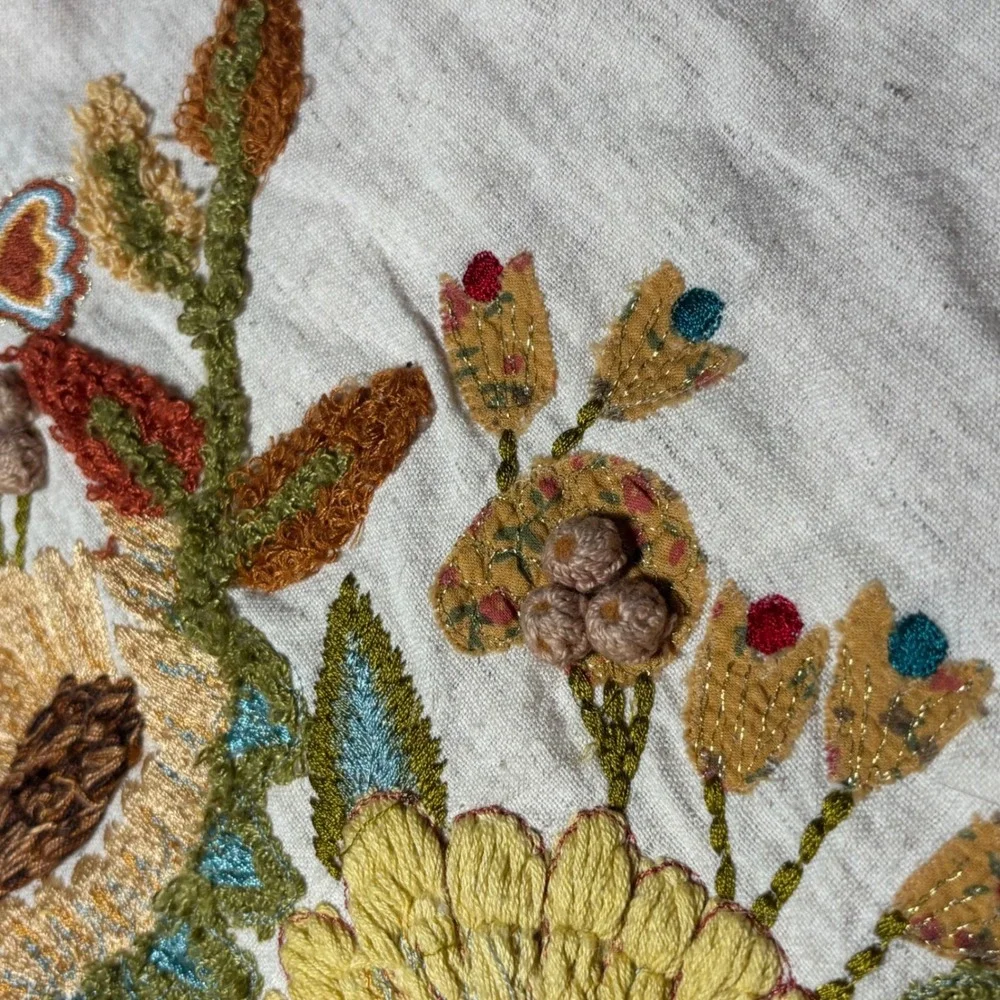 Pier 1 Pillow Cover Cream Orange Embroidered Sunflower Fall Harvest Floral Bird